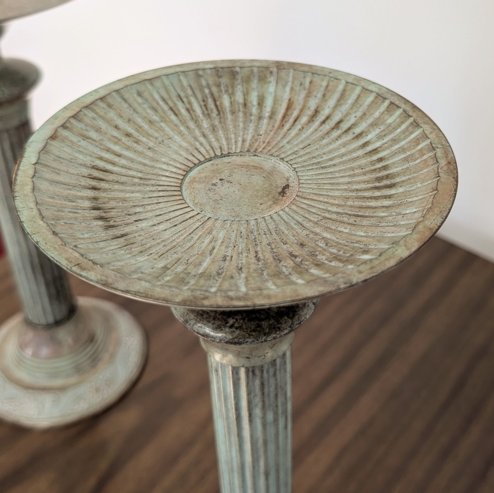 Vintage 1970s Greecian Roman Piller Style Metal Patina Tall Candle Holder Pair - Picture 5 of 7